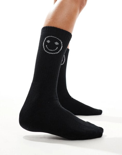 Vero Moda sporty ribbed socks with smile motif in black