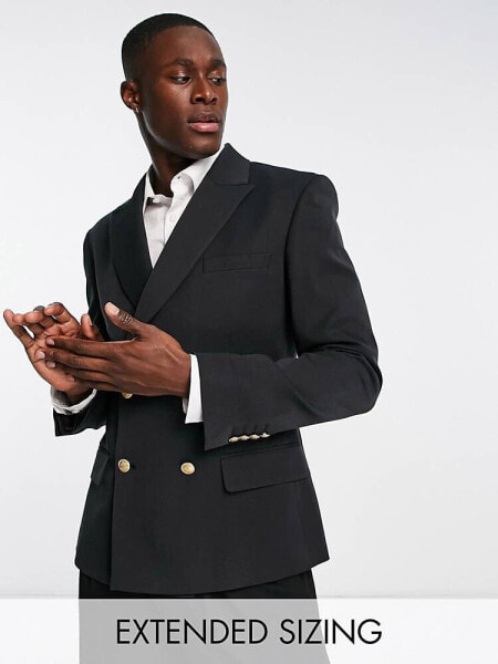 ASOS DESIGN wedding skinny double breasted blazer with gold buttons in black 