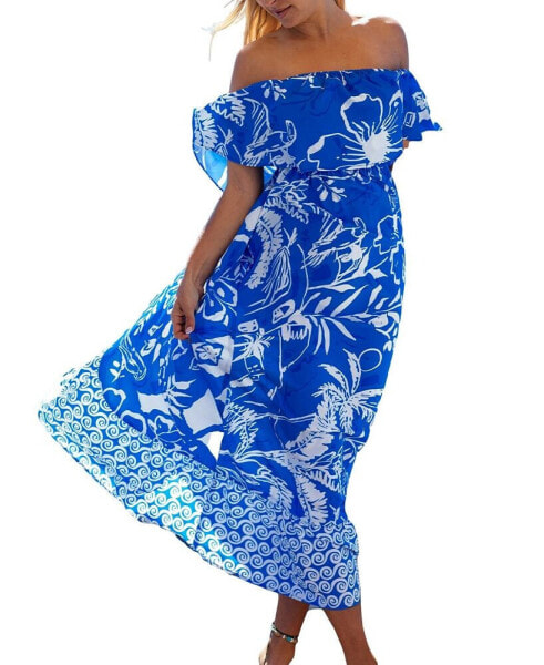 Women's Blue Floral Off-Shoulder Maxi Beach Dress