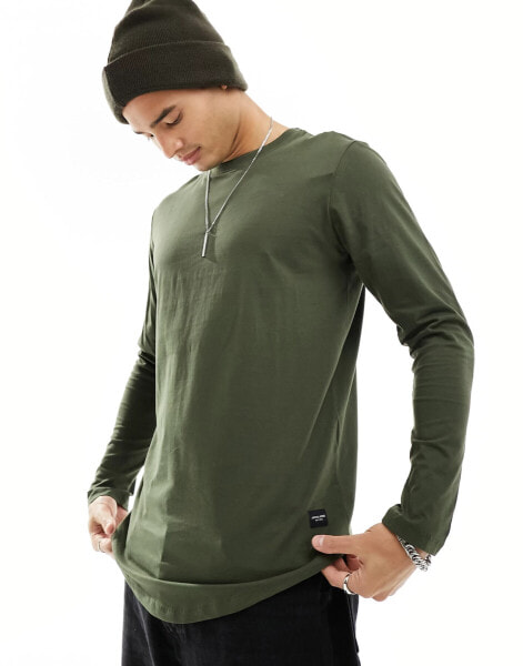 Jack & Jones Essentials cotton long sleeve top with curve hem in khaki - KHAKI