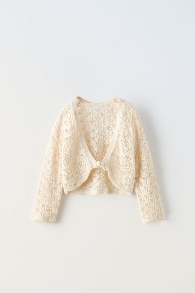 Crochet knit cardigan with bow