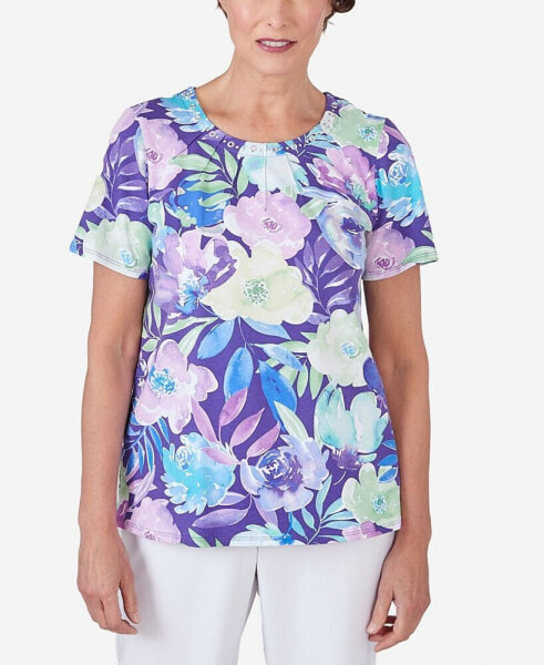 Petite Pleated Neck Floral Short Sleeve Tee