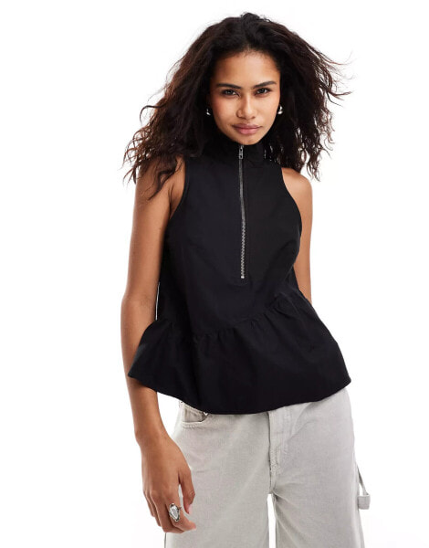 COLLUSION cotton motor cross smock top in black