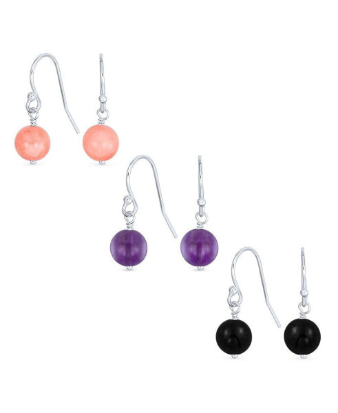 Set of Three Black Onyx Pink Coral Purple Amethyst Bead Ball Dangle French Fish Hook Wire Earrings For Women Teen .925 Sterling Silver