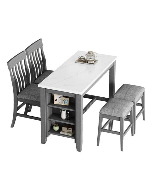 5-Piece Counter Height Dining Table Set With Built-In Storage Shelves, Grey