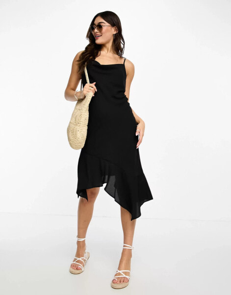 Monki asymmetric hem cami midi dress in black