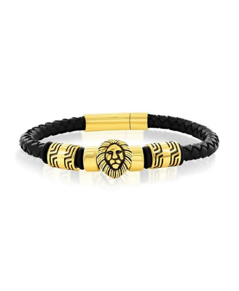 Stainless Steel Oxidized Lion with Genuine Leather Bracelet