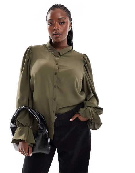 ASOS DESIGN Curve volume sleeved soft shirt with ruffle cuffs in khaki