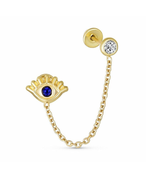 Genuine Tiny Yellow 10K Gold Spiritual Blue CZ Protection Amulet Double Piercing 1 Piece Chain Evil Eye Stud Earring Ear Lobe Cartilage For Women