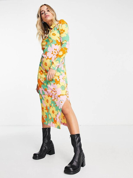 Only midi side split shirt dress in 70s floral