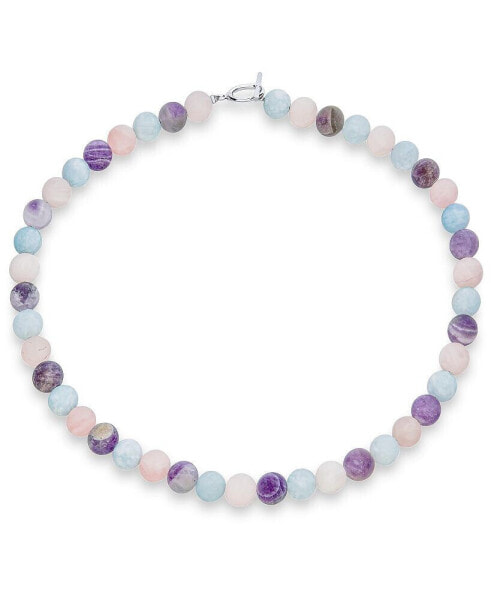 Plain Simple Western Jewelry Mixed Amethyst Aquamarine and Rose Quartz Matte Round 10MM Bead Strand Necklace For Women Silver Plated Clasp 18 Inch