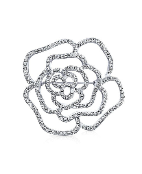 Bridal Pave Cubic Zirconia CZ Large Flower Rose Brooch Pin For Women Mother Day Gift Silver Plated Brass