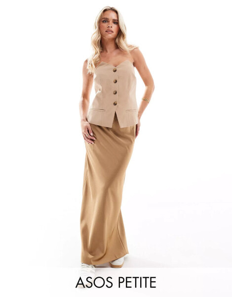 ASOS DESIGN Petite satin bias tie waist maxi skirt in taupe