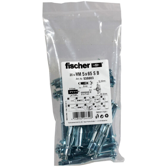 fischer 538883 - Screw & wall plug kit - Gypsum fibre board - Metal - 65 mm - 1 cm - 2 cm