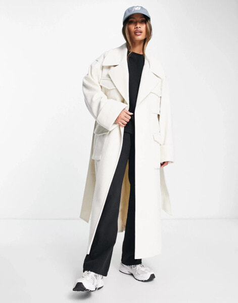 ASOS DESIGN cargo pocket coat in ecru