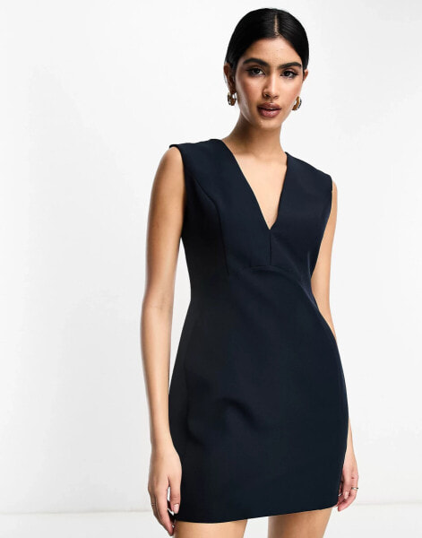 ASOS DESIGN sleeveless plunge neck mini dress with curved waist seam in navy