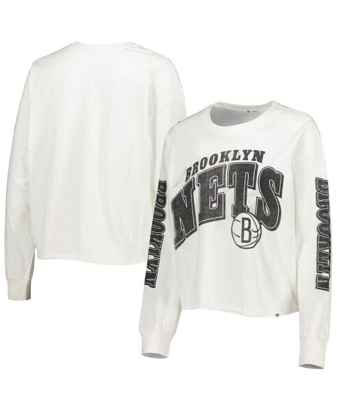 Women's Cream Brooklyn Nets Parkway Brush Back Long Sleeve Cropped T-shirt