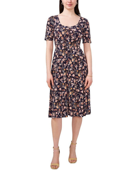 Petite Floral Elbow-Sleeve Pullover Midi Dress