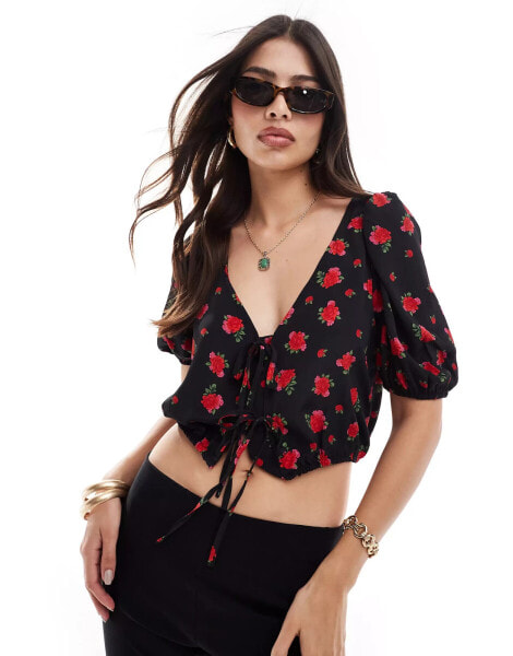 Brave Soul puff sleeve floral printed crop top with tie front detail in black