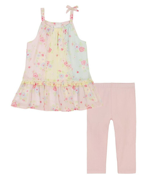 Little Girls Floral Georgette Babydoll Tunic Top and Capri Leggings, 2 Piece Set