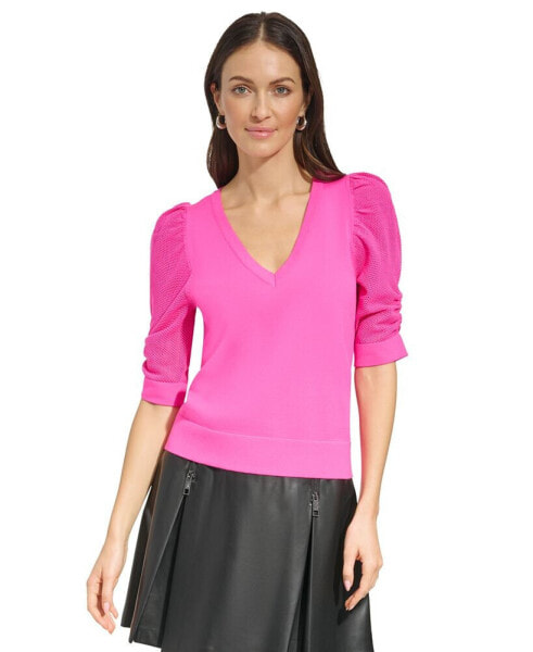 Women's Puff-Sleeve V-Neck Sweater