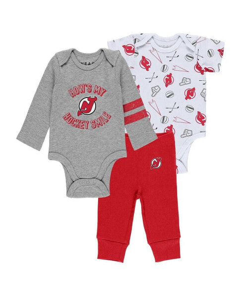 Newborn and Infant Boys and Girls Gray, White, Red New Jersey Devils Three-Piece Turn Me Around Bodysuit and Pants Set