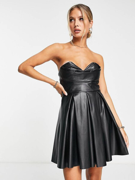 ASOS DESIGN corset PU bandeau mini dress with pleat skirt in black