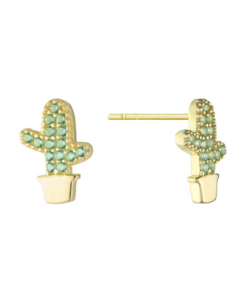 Green Nano Stones (0.42 ct.t.w) Cactus Stud Earrings in 18K Gold Plated over Sterling Silver