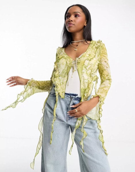 Bershka ruffle tie front blouse in snakeskin