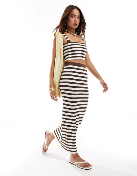 4th & Reckless zoe stripe knit maxi beach skirt co-ord in chocolate