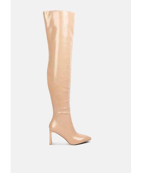 minkles patent pu long slim block heeled boots