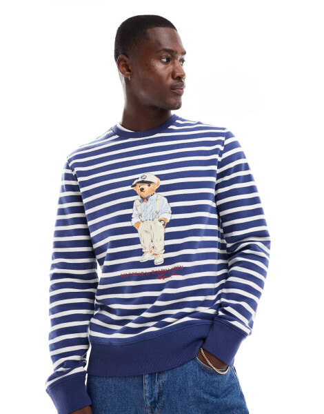 Polo Ralph Lauren hemingway bear print stripe sweatshirt in navy/white