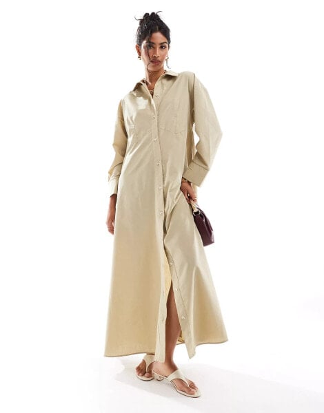 ASOS DESIGN oversized double point waist seam maxi shirt dress in camel