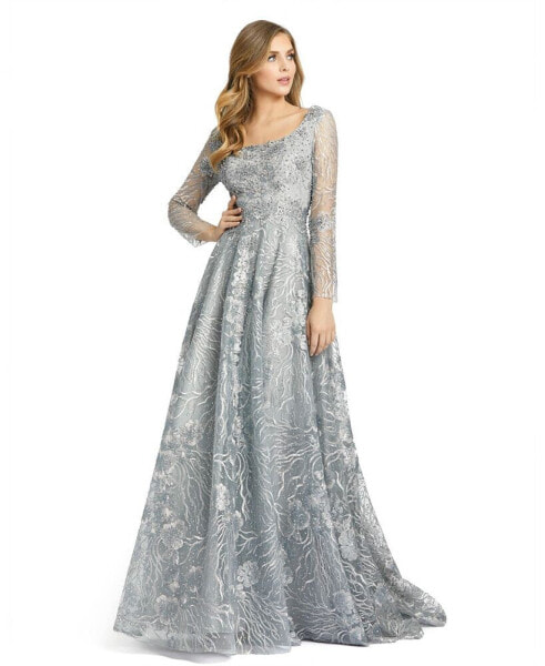 Women's Jewel Encrusted Long Sleeve Square Neck Gown