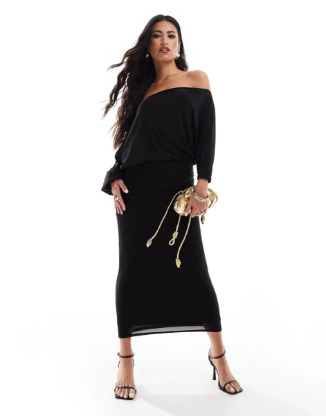 True Violet asymmetric shoulder slinky midi dress in black