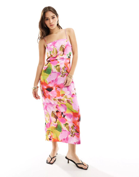 YAS satin midi dress in floral - MULTI