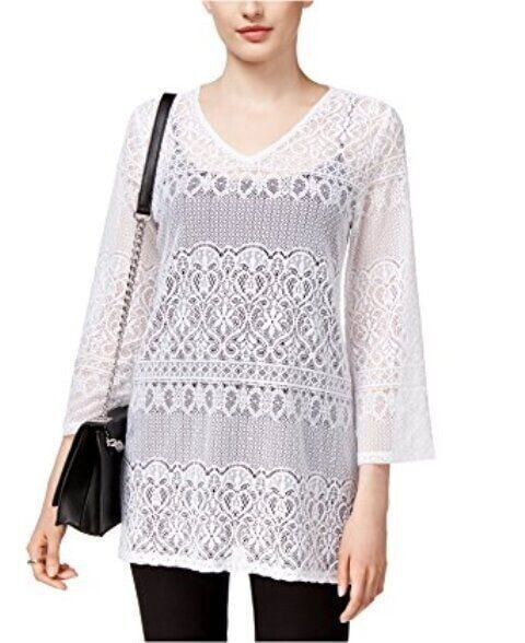 Alfani Women's Lace V Neck Three Quarter Sleeve Pullover Blouse White M