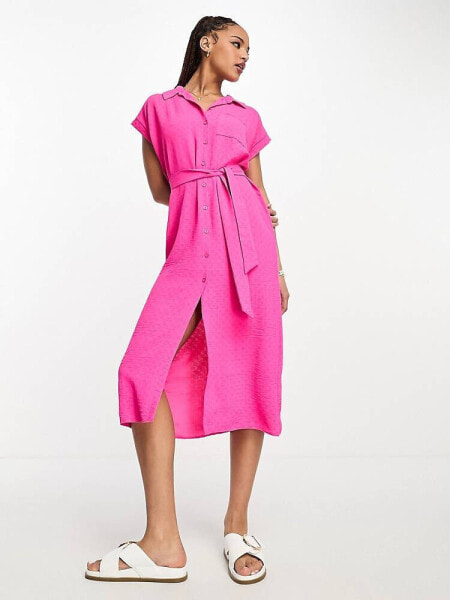 New Look button through midi shirt dress in bright pink