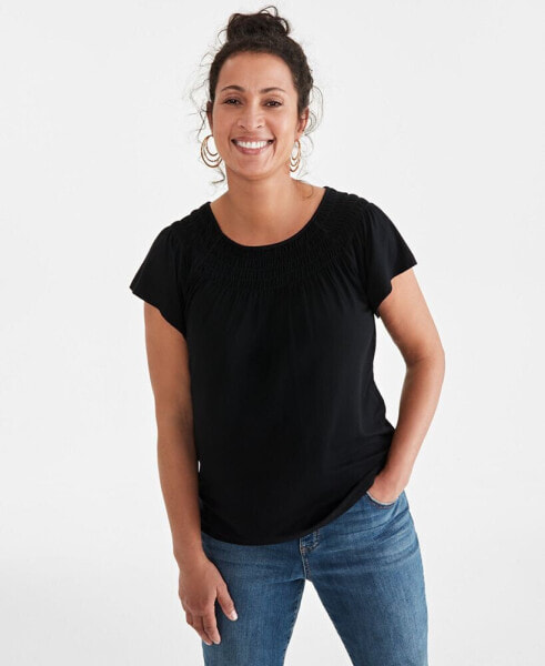 Women's Short-Sleeve Smocked-Neck Knit Top, Created for Macy's