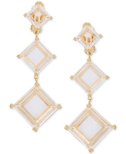 Gold-Tone Square Crystal Clip-On Triple Drop Earrings