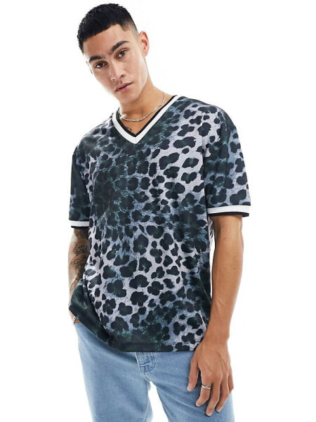 ASOS DESIGN relaxed v-neck t-shirt in leopard print with front chest print