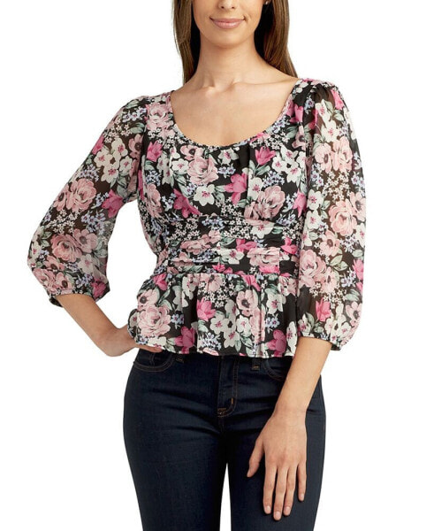 Juniors' Printed Shirred-Waist 3/4-Sleeve Peplum Top