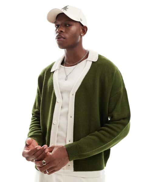 ASOS DESIGN knitted oversized boxy cardigan with collar in green