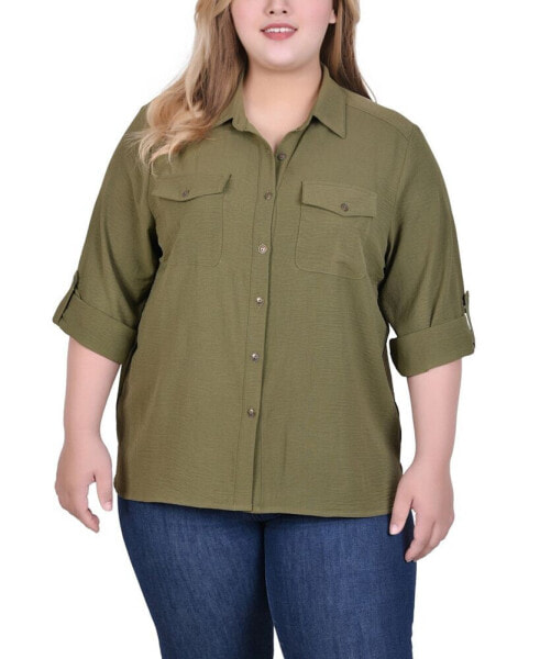 Plus Size Long Sleeve Roll Tab Blouse