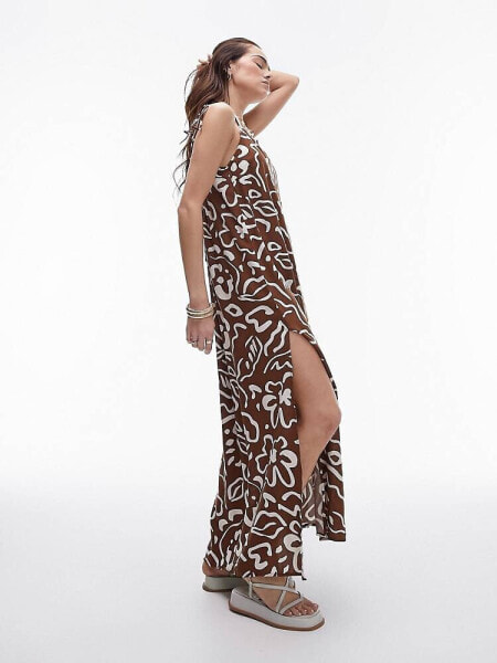 Topshop abstract floral print midi beach dress in chocolate 