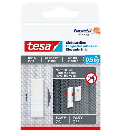Tesa Adhesive Strips for Wallpaper & Plaster 0.5kg - Mounting tape - White - Indoor - Paper - Plaster - 0.5 kg - 9 pc(s)