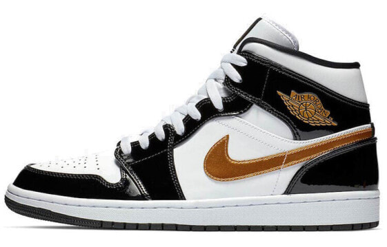 Кроссовки Nike Air Jordan 1 Mid Patent Black White Gold (Белый, Черный)