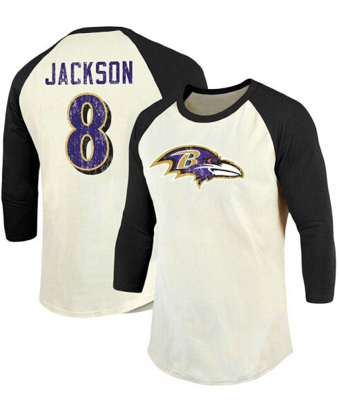 Men's Lamar Jackson Cream, Black Baltimore Ravens Vintage-Inspired Player Name Number Raglan 3/4 Sleeve T-shirt