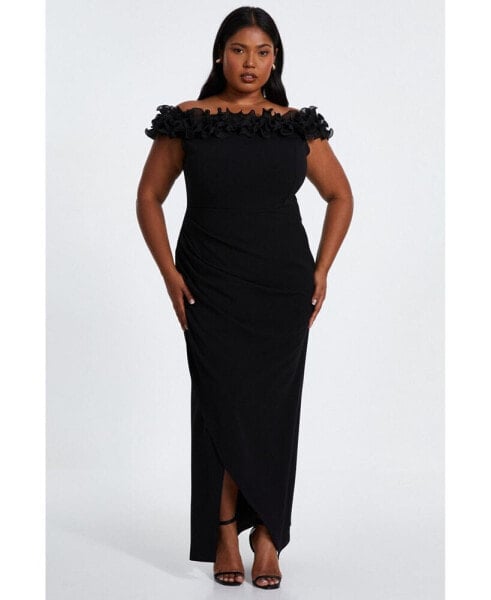 Plus Size Scuba Crepe Ruffle Bardot Maxi Dress