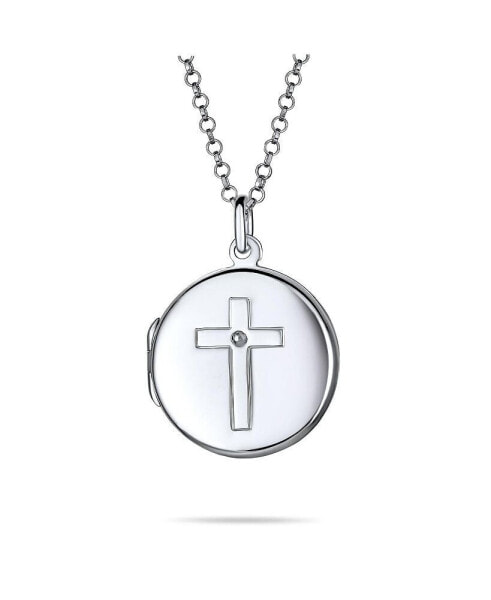Bling Jewelry religious Dainty Engraved Round Circle Holy Cross Locket Photo Locket For Women Teens Holds Photos Pictures .925 Silver Necklace Pendant